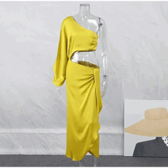 Satin Cut Out Asymmetrical Neck Single Sleeve Midi Dress - Ra The Boutique