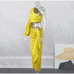 Satin Cut Out Asymmetrical Neck Single Sleeve Midi Dress - Ra The Boutique