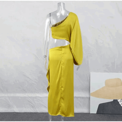 Satin Cut Out Asymmetrical Neck Single Sleeve Midi Dress - Ra The Boutique