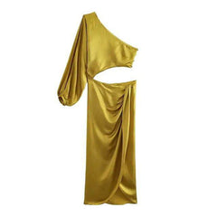 Satin Cut Out Asymmetrical Neck Single Sleeve Midi Dress - Ra The Boutique