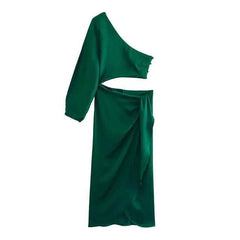 Satin Cut Out Asymmetrical Neck Single Sleeve Midi Dress - Ra The Boutique