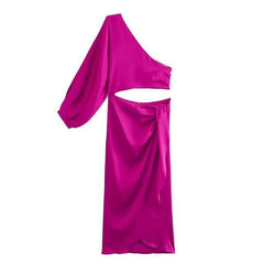Satin Cut Out Asymmetrical Neck Single Sleeve Midi Dress - Ra The Boutique