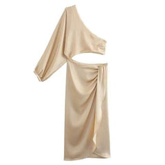 Satin Cut Out Asymmetrical Neck Single Sleeve Midi Dress - Ra The Boutique