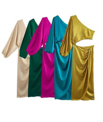 Satin Cut Out Asymmetrical Neck Single Sleeve Midi Dress - Ra The Boutique