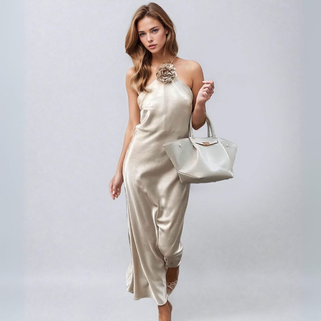 Satin Flower Applique Halter Neck Midi Dress - Ra The Boutique