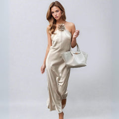 Satin Flower Applique Halter Neck Midi Dress - Ra The Boutique