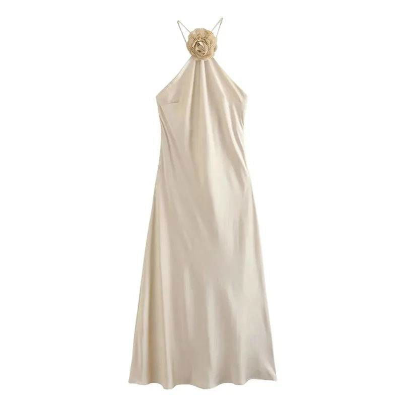 Satin Flower Applique Halter Neck Midi Dress - Ra The Boutique