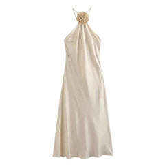Satin Flower Applique Halter Neck Midi Dress - Ra The Boutique