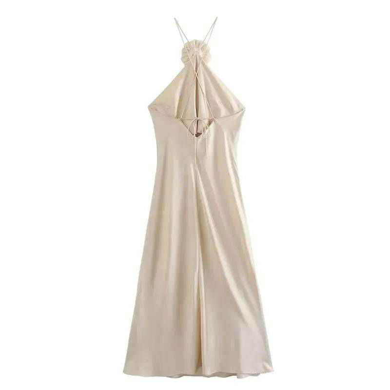 Satin Flower Applique Halter Neck Midi Dress - Ra The Boutique