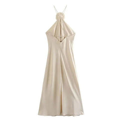 Satin Flower Applique Halter Neck Midi Dress - Ra The Boutique