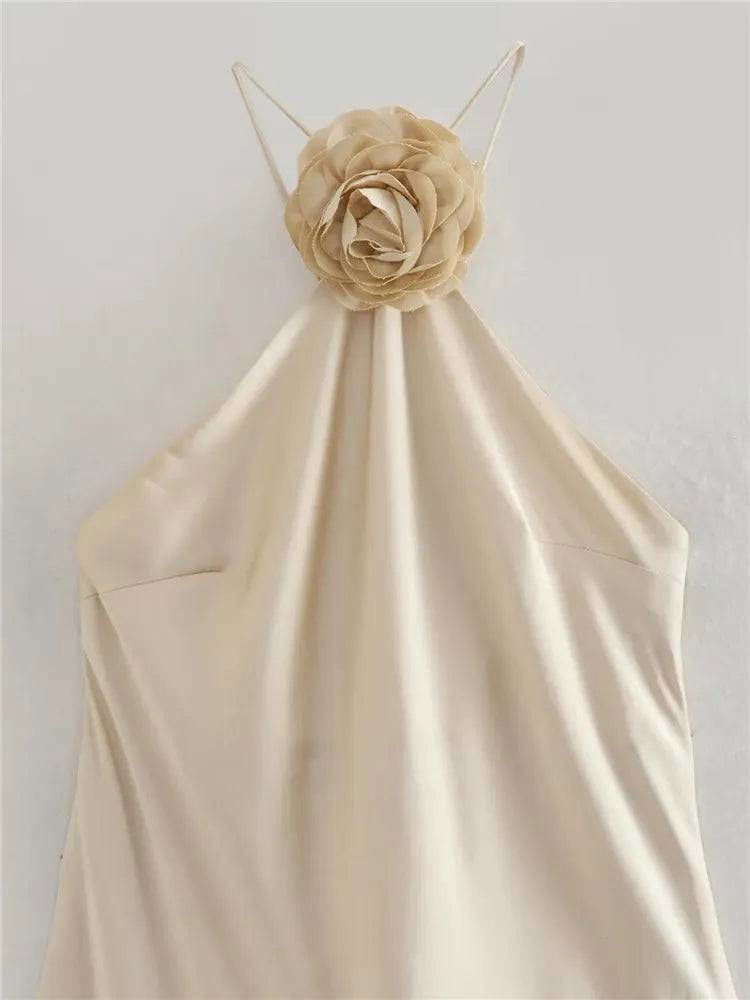 Satin Flower Applique Halter Neck Midi Dress - Ra The Boutique