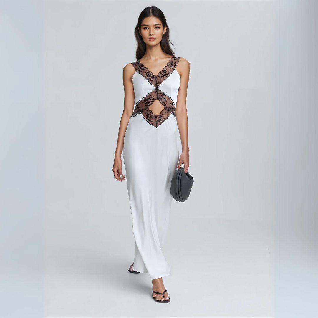 Satin Midi Dress with Contrast Lace Trim and Midriff Cut-Out - Ra The Boutique