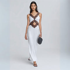 Satin Midi Dress with Contrast Lace Trim and Midriff Cut-Out - Ra The Boutique