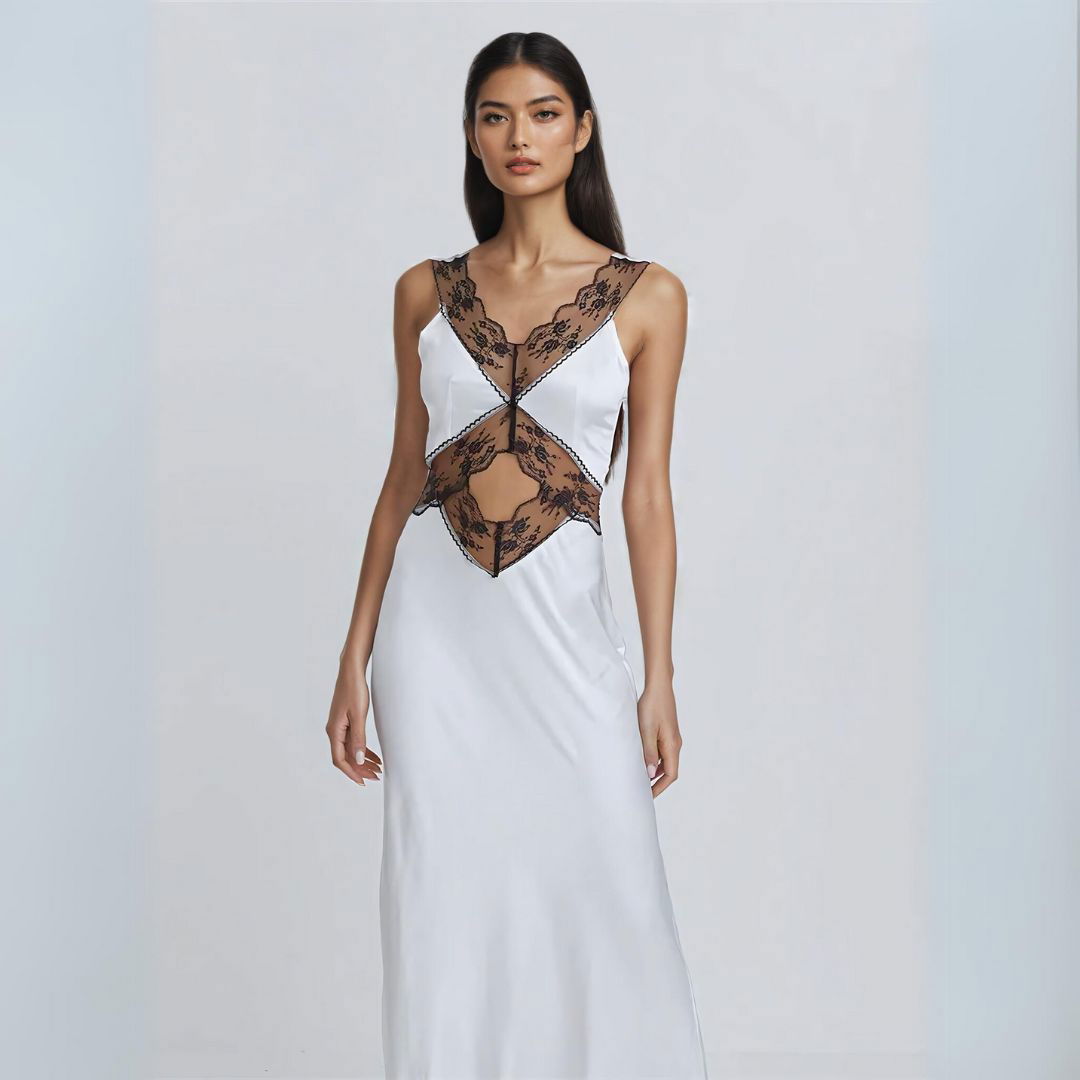 Satin Midi Dress with Contrast Lace Trim and Midriff Cut-Out - Ra The Boutique
