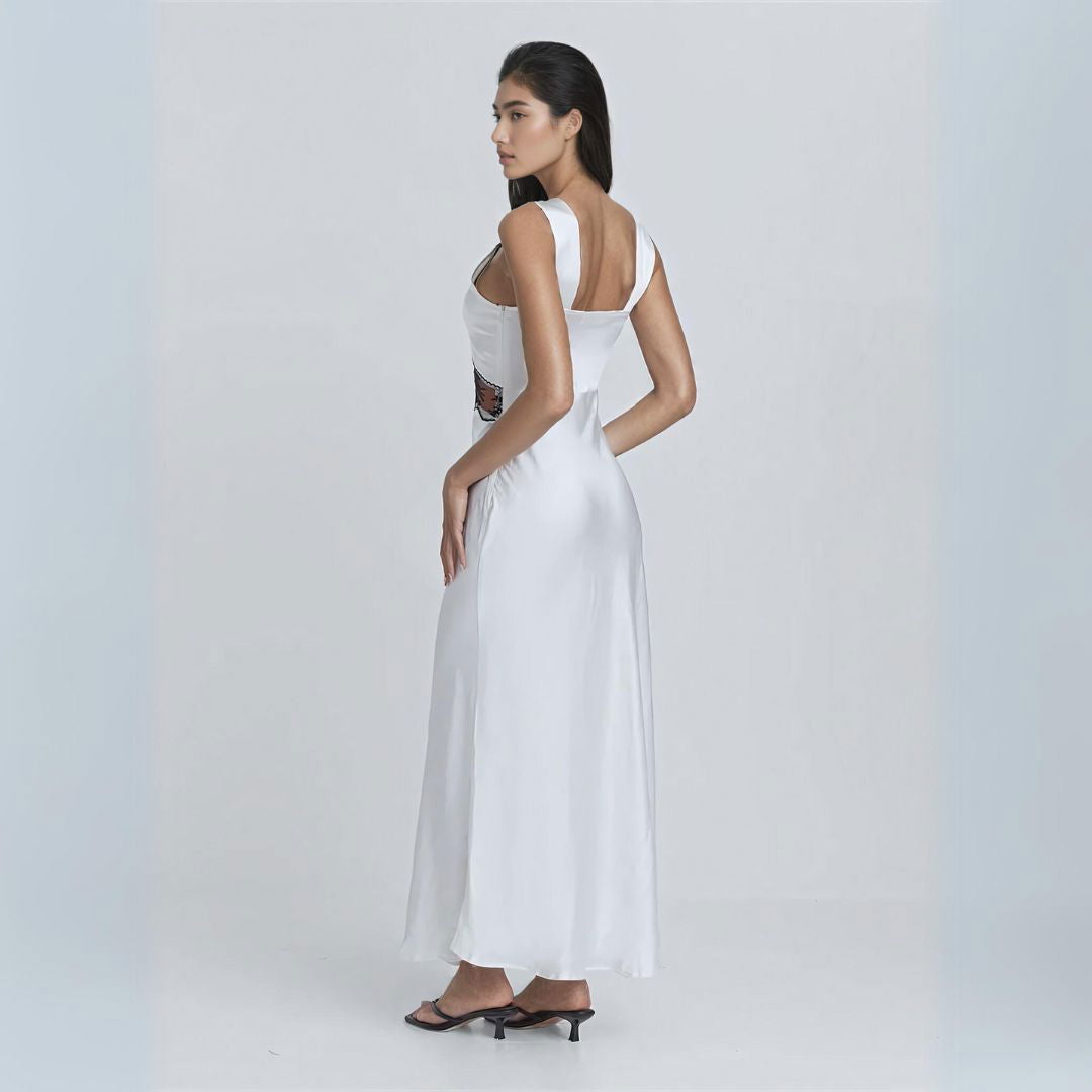 Satin Midi Dress with Contrast Lace Trim and Midriff Cut-Out - Ra The Boutique