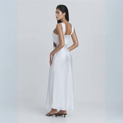 Satin Midi Dress with Contrast Lace Trim and Midriff Cut-Out - Ra The Boutique