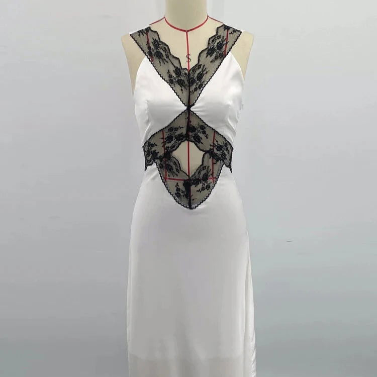 Satin Midi Dress with Contrast Lace Trim and Midriff Cut-Out - Ra The Boutique
