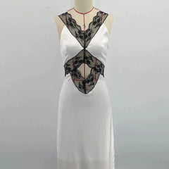 Satin Midi Dress with Contrast Lace Trim and Midriff Cut-Out - Ra The Boutique