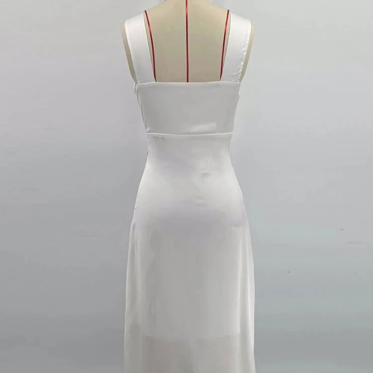 Satin Midi Dress with Contrast Lace Trim and Midriff Cut-Out - Ra The Boutique