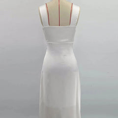 Satin Midi Dress with Contrast Lace Trim and Midriff Cut-Out - Ra The Boutique