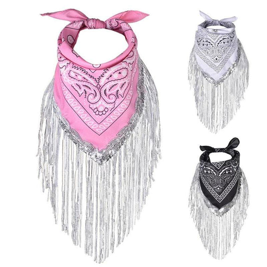 Sequin Tassel Traditional Print Cowgirl Bandana - Ra The Boutique - bandana - #tag1# - #tag2#