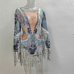 Sequin and Fringe Festival Party Rhinestone-Sparkle Long Sleeve Bodysuit - Ra The Boutique