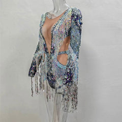 Sequin and Fringe Festival Party Rhinestone-Sparkle Long Sleeve Bodysuit - Ra The Boutique