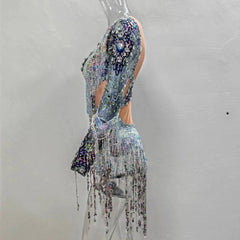 Sequin and Fringe Festival Party Rhinestone-Sparkle Long Sleeve Bodysuit - Ra The Boutique