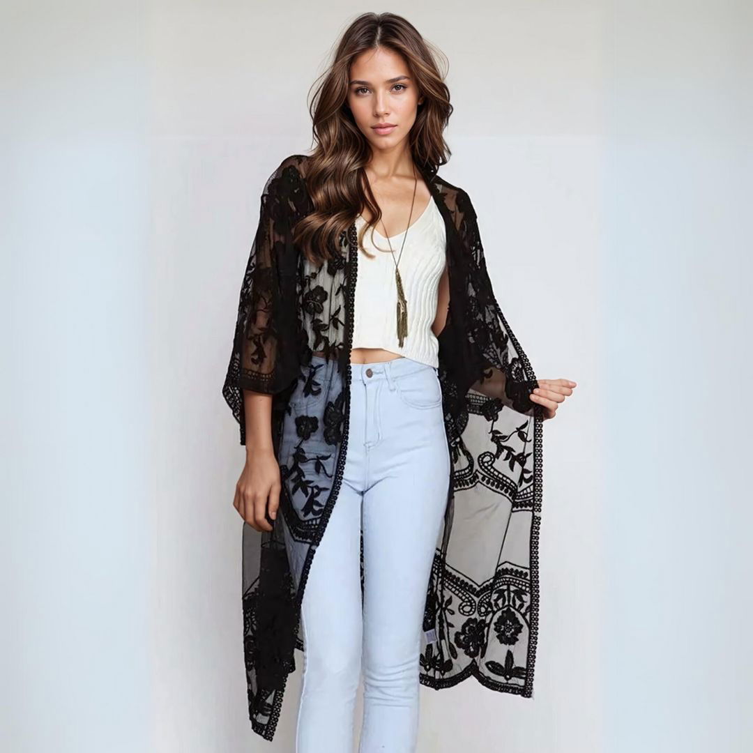 Sheer Lace Kimono Style Beach Cover Up - Ra The Boutique