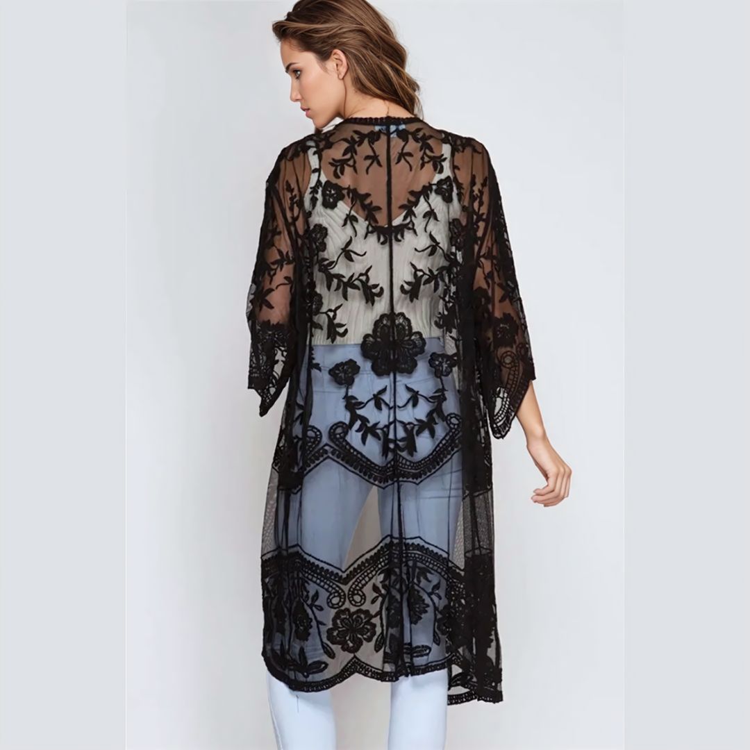 Sheer Lace Kimono Style Beach Cover Up - Ra The Boutique
