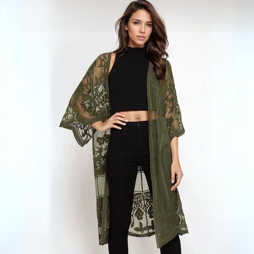 Sheer Lace Kimono Style Beach Cover Up - Ra The Boutique