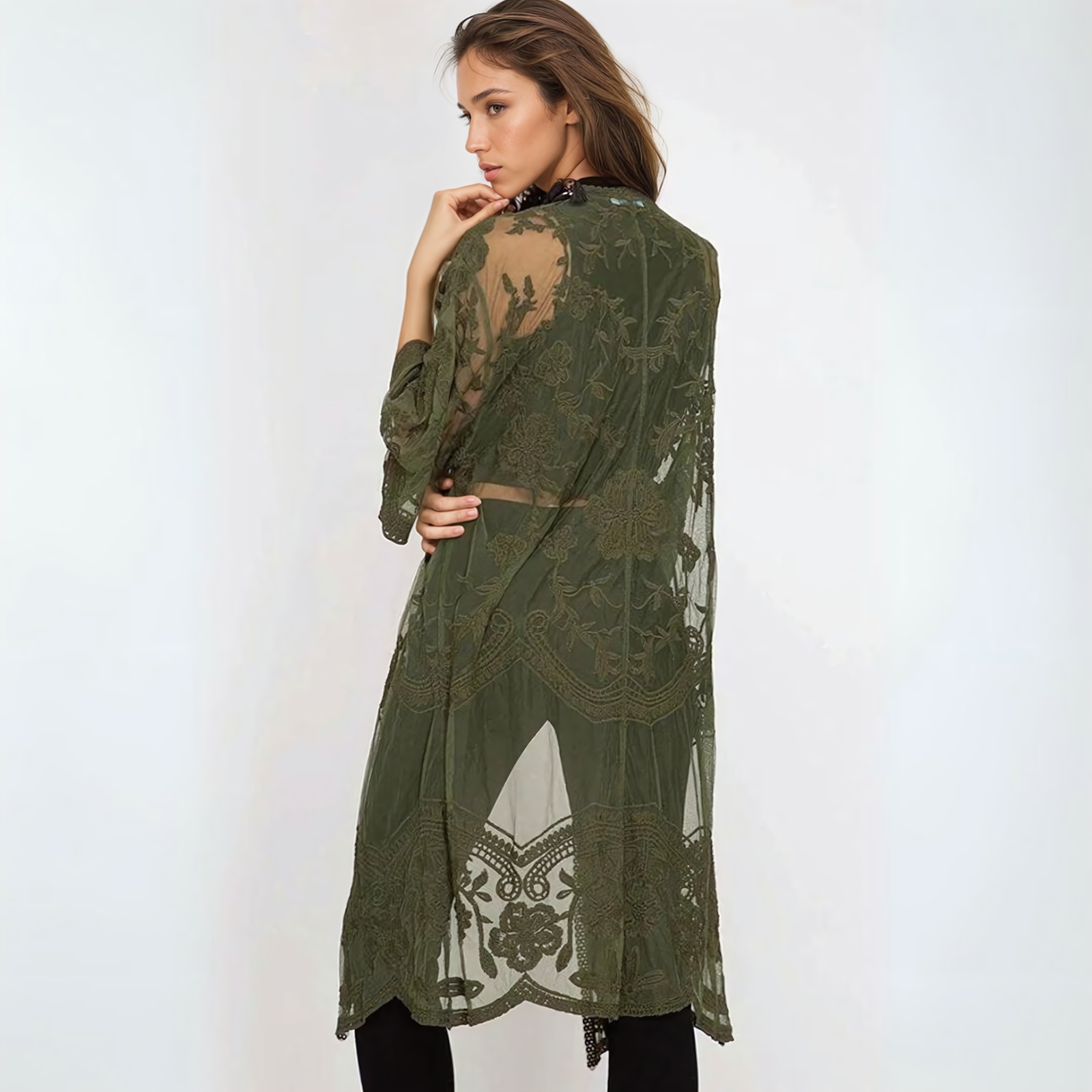 Sheer Lace Kimono Style Beach Cover Up - Ra The Boutique