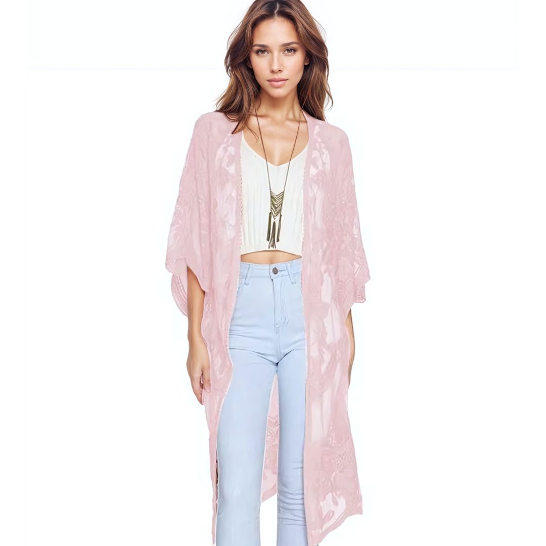 Sheer Lace Kimono Style Beach Cover Up - Ra The Boutique