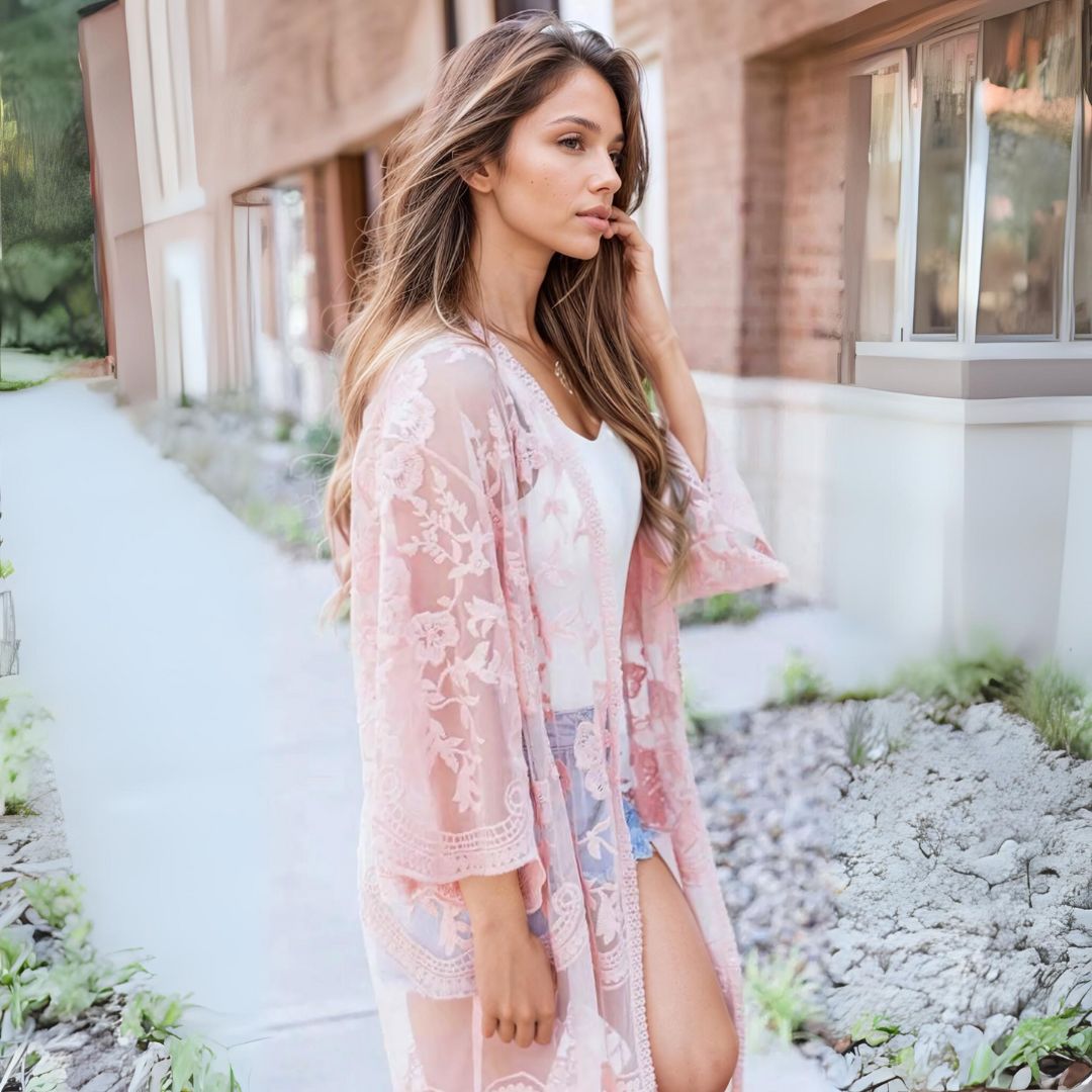 Sheer Lace Kimono Style Beach Cover Up - Ra The Boutique