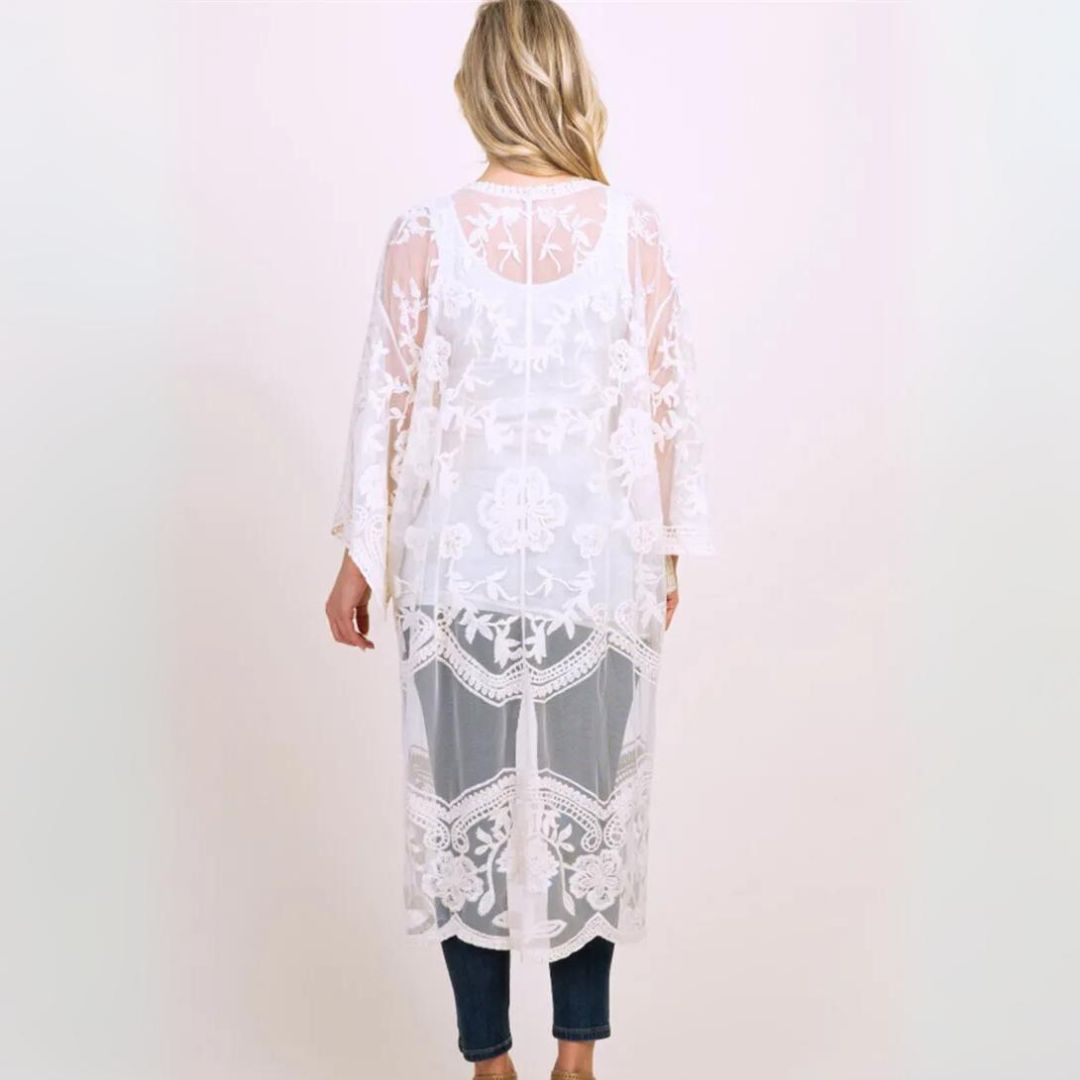 Sheer Lace Kimono Style Beach Cover Up - Ra The Boutique