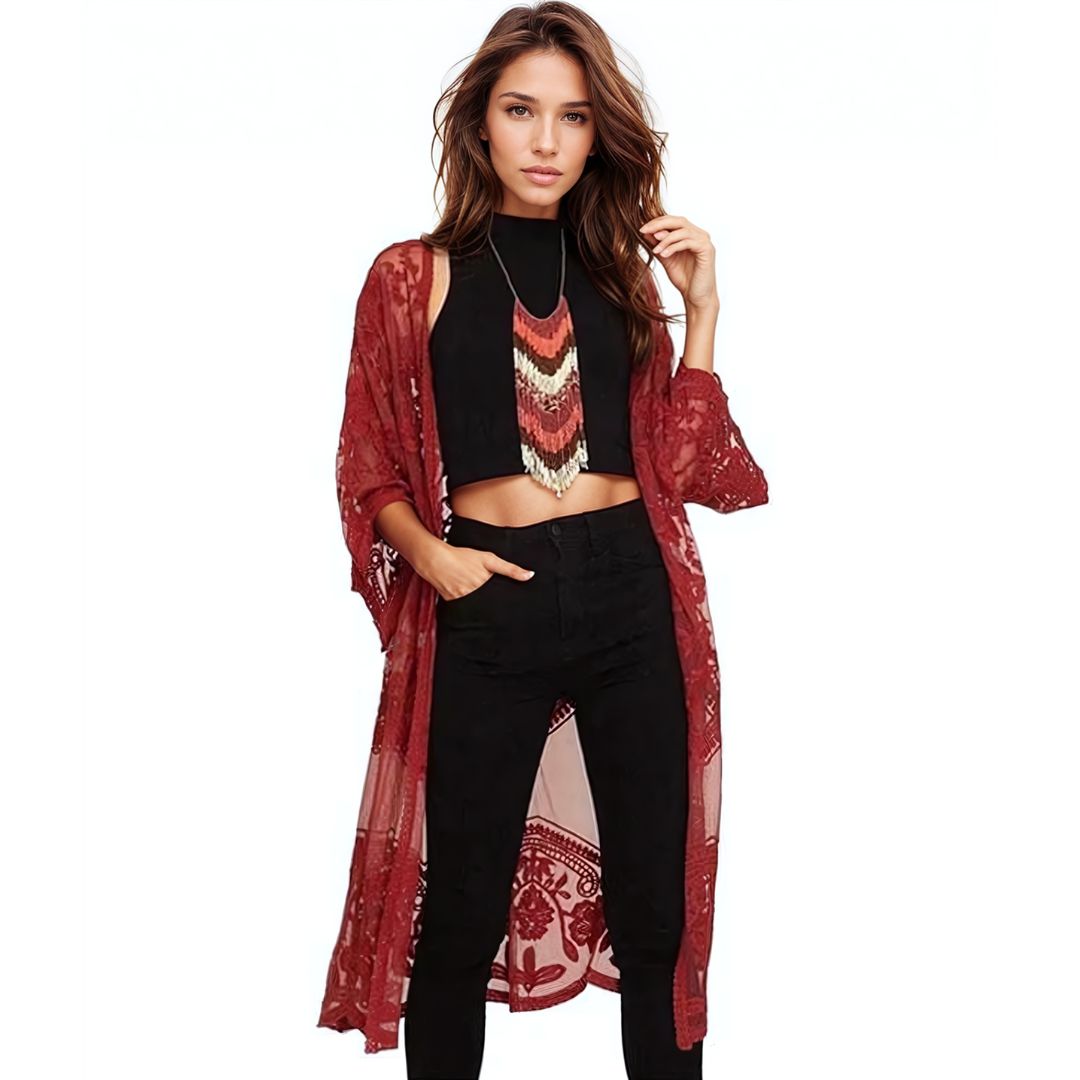 Sheer Lace Kimono Style Beach Cover Up - Ra The Boutique
