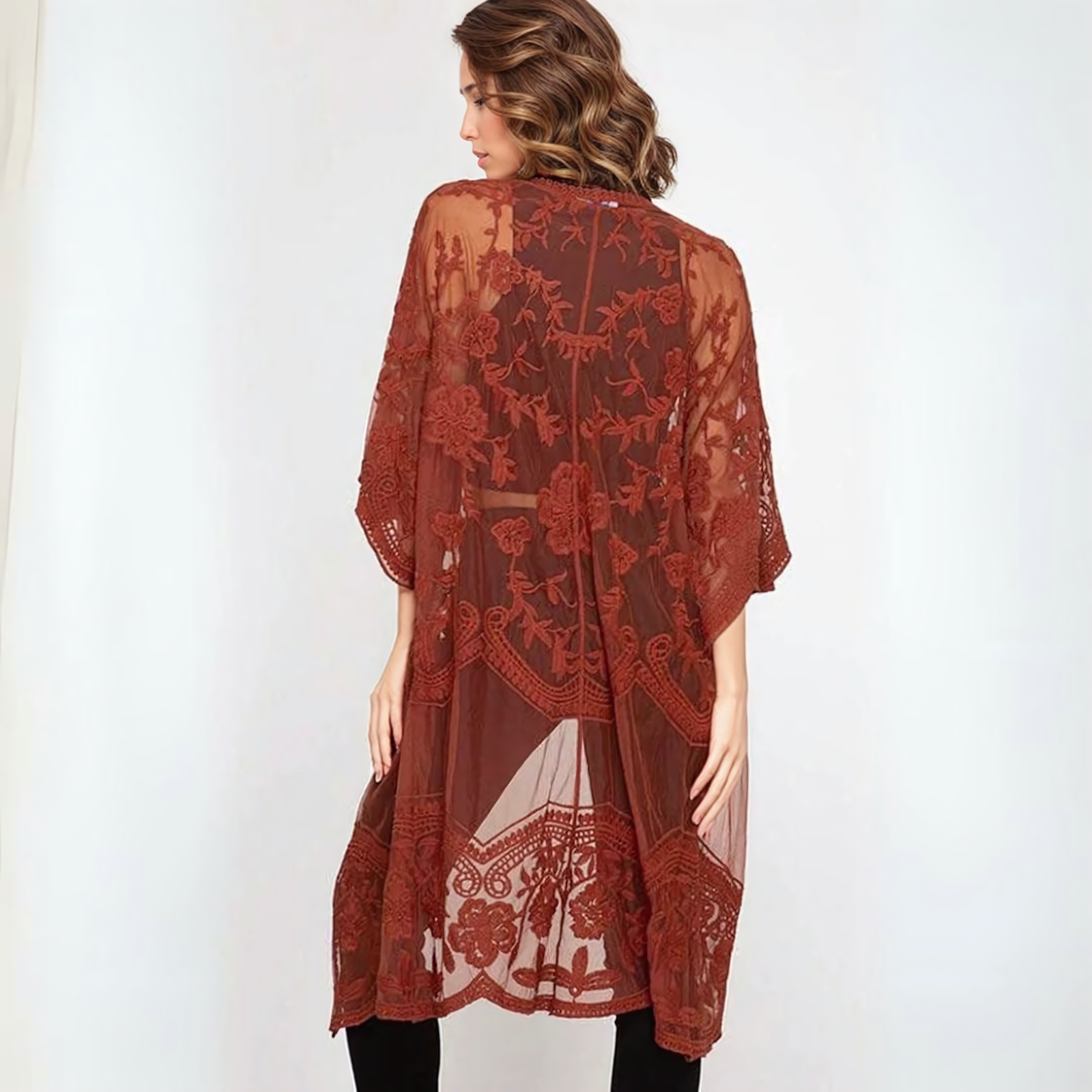Sheer Lace Kimono Style Beach Cover Up - Ra The Boutique