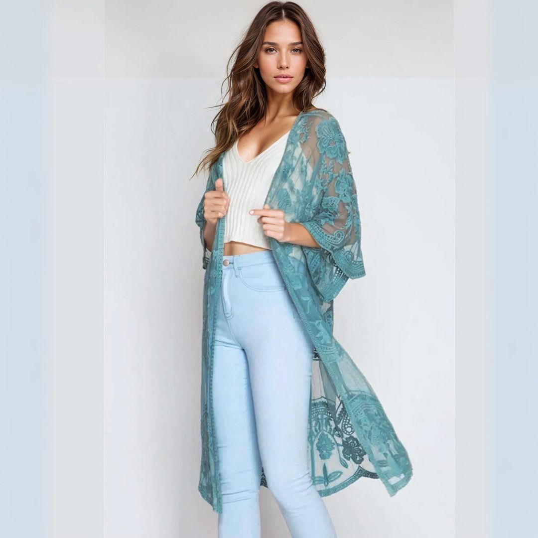 Sheer Lace Kimono Style Beach Cover Up - Ra The Boutique