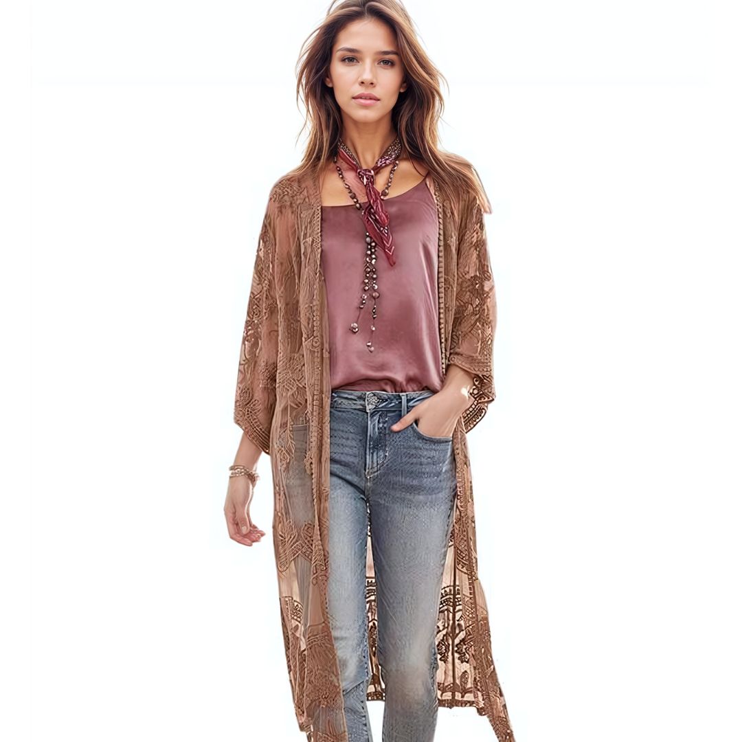 Sheer Lace Kimono Style Beach Cover Up - Ra The Boutique