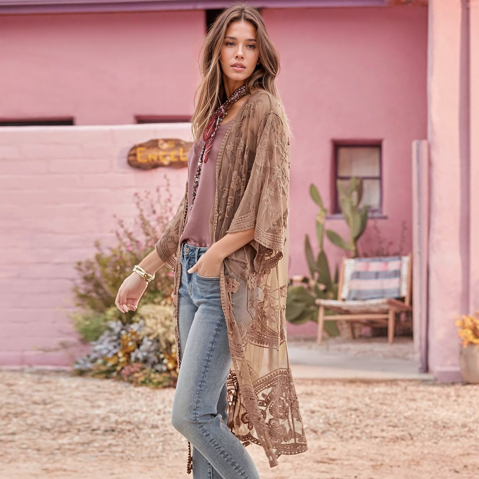 Sheer Lace Kimono Style Beach Cover Up - Ra The Boutique