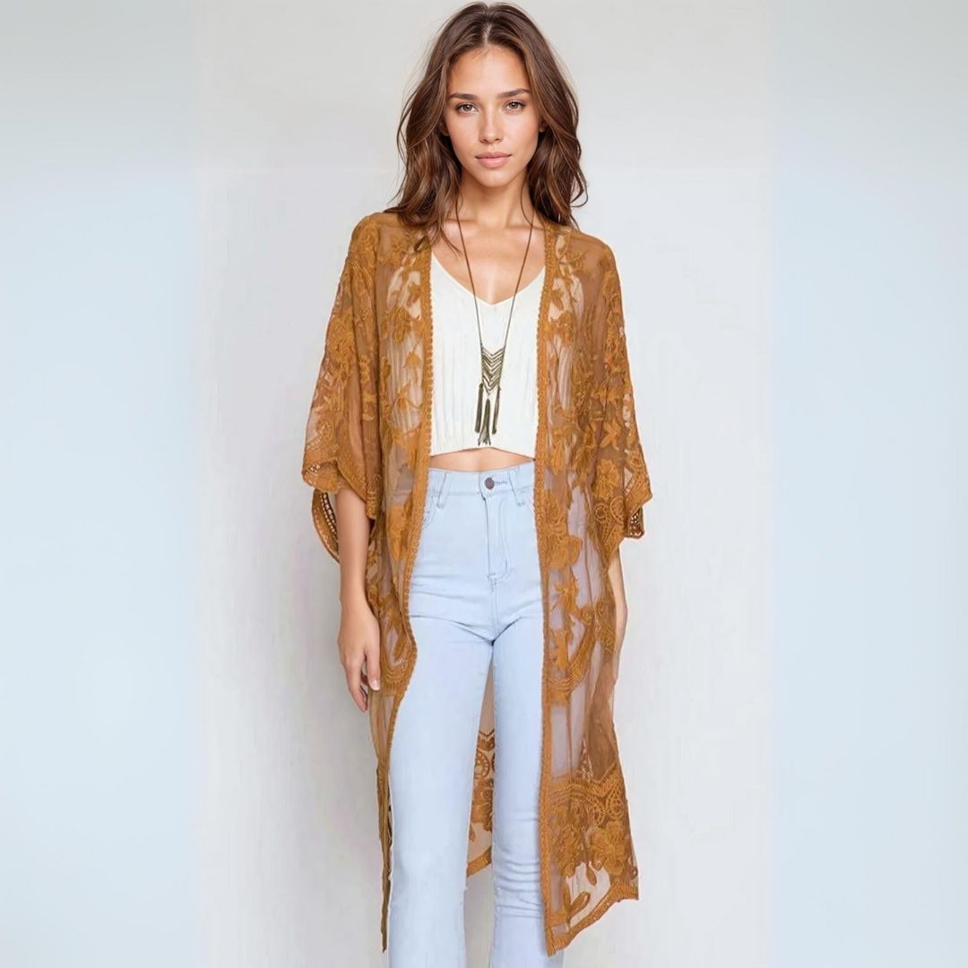 Sheer Lace Kimono Style Beach Cover Up - Ra The Boutique