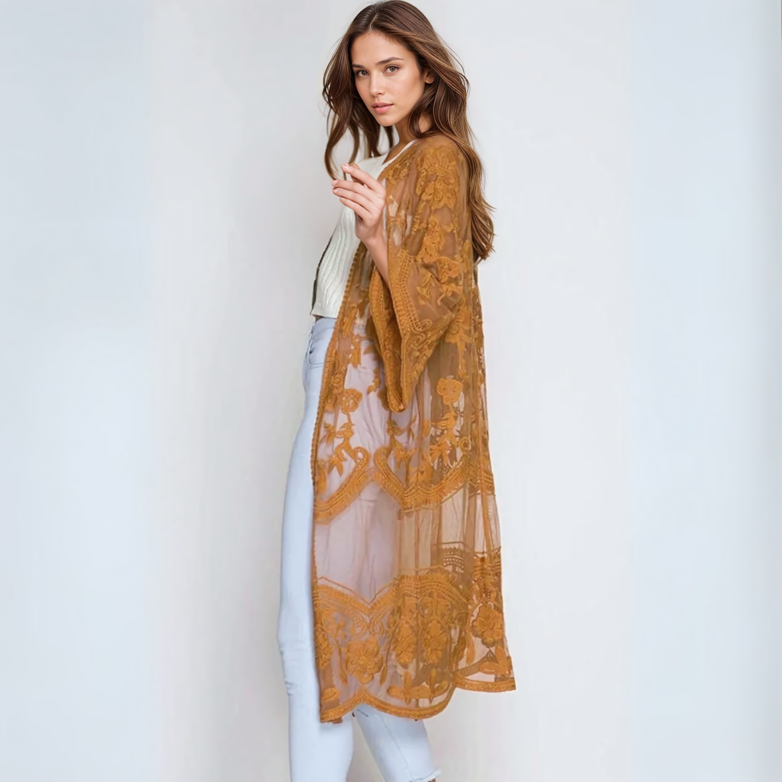 Sheer Lace Kimono Style Beach Cover Up - Ra The Boutique