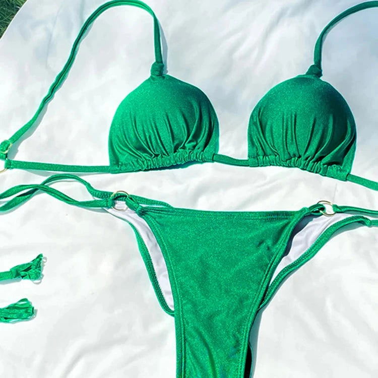 Shimmer Fabric Scrunch Butt Strappy Bikini – Criss Cross Design & High Cut - Ra The Boutique - 