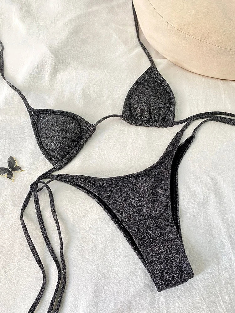 Shimmer Triangle Bikini – Sparkling Halter with High Cut - Ra The Boutique - 