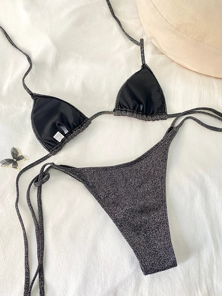 Shimmer Triangle Bikini – Sparkling Halter with High Cut - Ra The Boutique - 