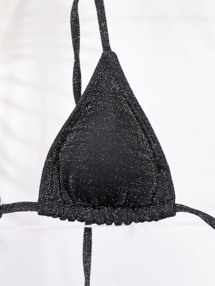 Shimmer Triangle Bikini – Sparkling Halter with High Cut - Ra The Boutique - 