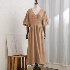 Silk Crepe De Chine Plunging Neck Bubble Sleeve Wrap Midi Dress - Ra The Boutique