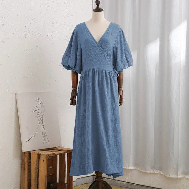 Silk Crepe De Chine Plunging Neck Bubble Sleeve Wrap Midi Dress - Ra The Boutique