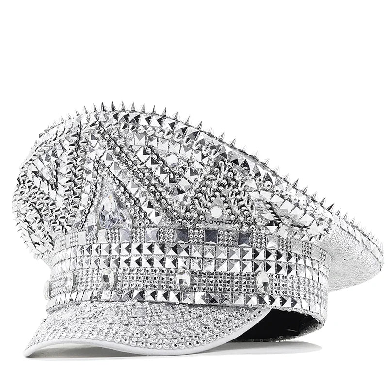 Silver Rhinestone and Rivet Festival Captain's Hat - Ra The Boutique -  - #tag1# - #tag2#