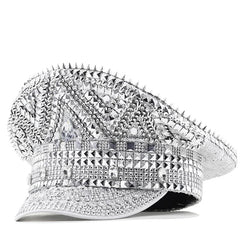 Silver Rhinestone and Rivet Festival Captain's Hat - Ra The Boutique -  - #tag1# - #tag2#